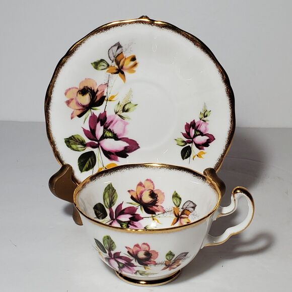 Royal Adderley Teacup and Saucer Pink Yellow Flowers Vintage - Picture 5 of 10